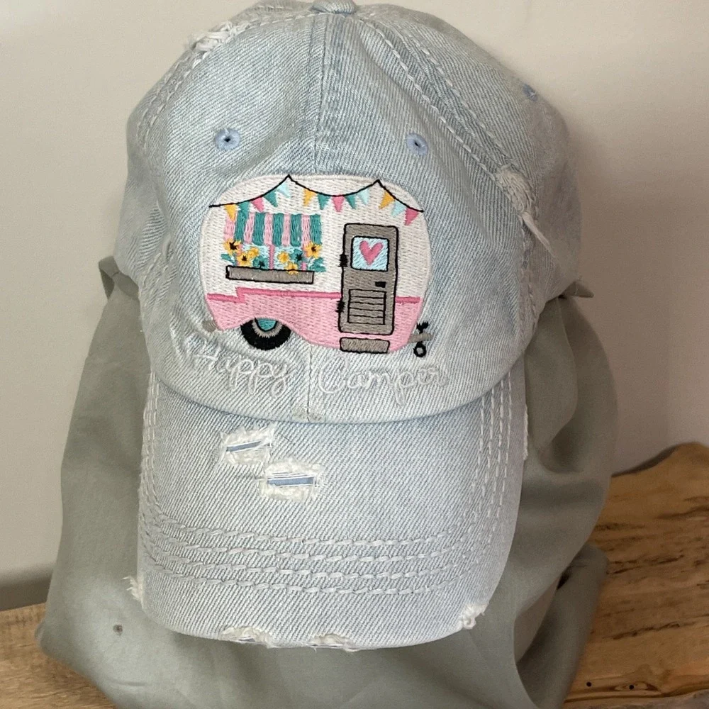 KBETHOS Vintage Baseball Cap Embroidered‎ Happy Camper Cotton Distressed Cute